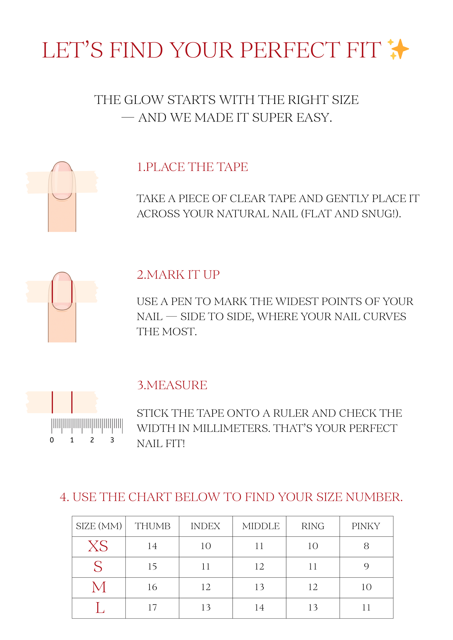 An image featuring a nail size guide with steps on how to measure the nail for a press-on fit, including a chart with different nail sizes.