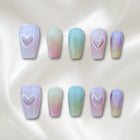 «HEART GLOW SWIRL»- Colorful Press-On Nails with Heart-Shaped Cat Eye Shine, Dreamy Pastel Design, Pastel Rainbow Nails, Ombré Nails