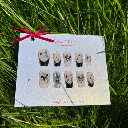 «CRYSTAL NOIR TIPS»– Black & White French Press-On Nails with Butterflies, Rhinestones & Glitter Stars, Elegant Reusable Nail Set