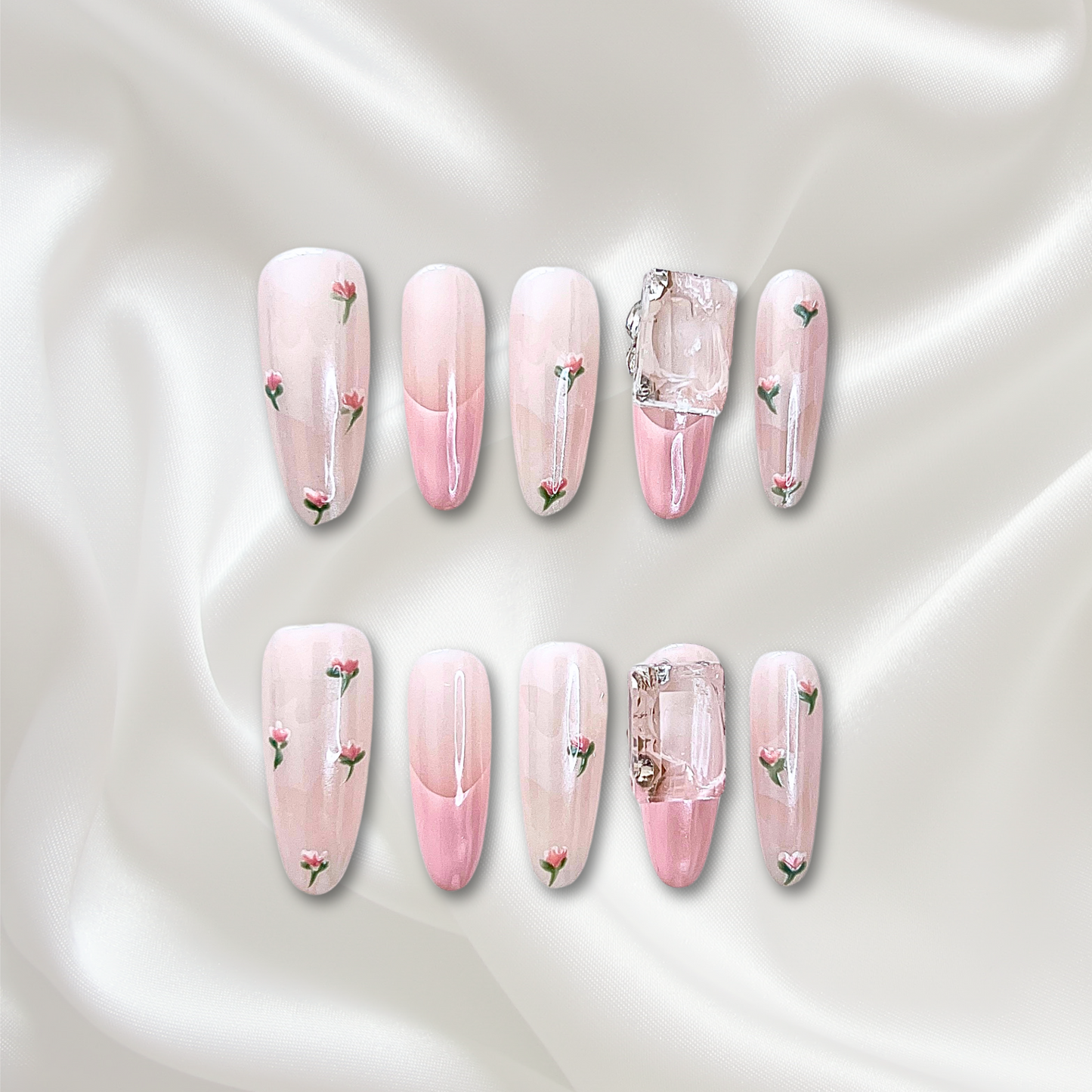 «BLOSSOM KISS PINK FRENCH TIPS»– Pink French Press-On Nails with White & Pink Mini Floral Accents, Fresh & Romantic Spring Nail Design, Pink Ombre Press-On Nails with Mini Flower Details