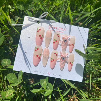 «СHERRY BLOSSOM BOWS»- 3D Hand-Painted Cherry and Pink Bow Press-On Nails with Gingham Check Decor, Sweet & Playful Design