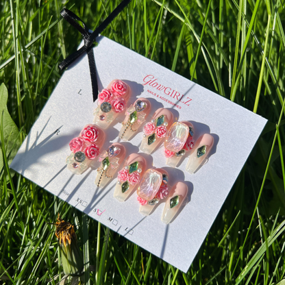 «ROSY BLOOM NAILS»– 3D Pink Rose Press-On Nails, Romantic Floral Design for Dates, 3D Pink Rose Press-On Nails with Crystals & Gems, Romantic Floral Statement Nails