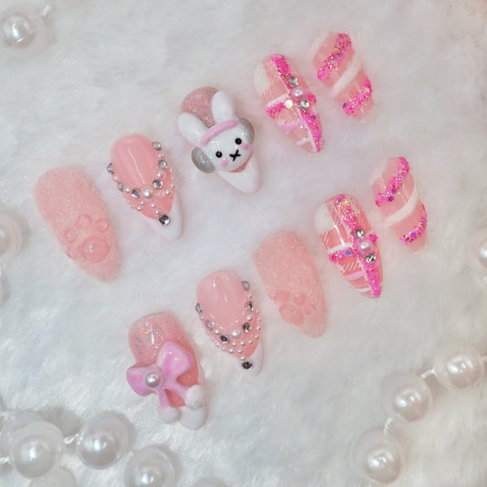 «WINTER BUNNY DREAM»– Pink Coquette 3D Press-On Nails with Fluffy Snow Texture, Christmas Kawaii Edition