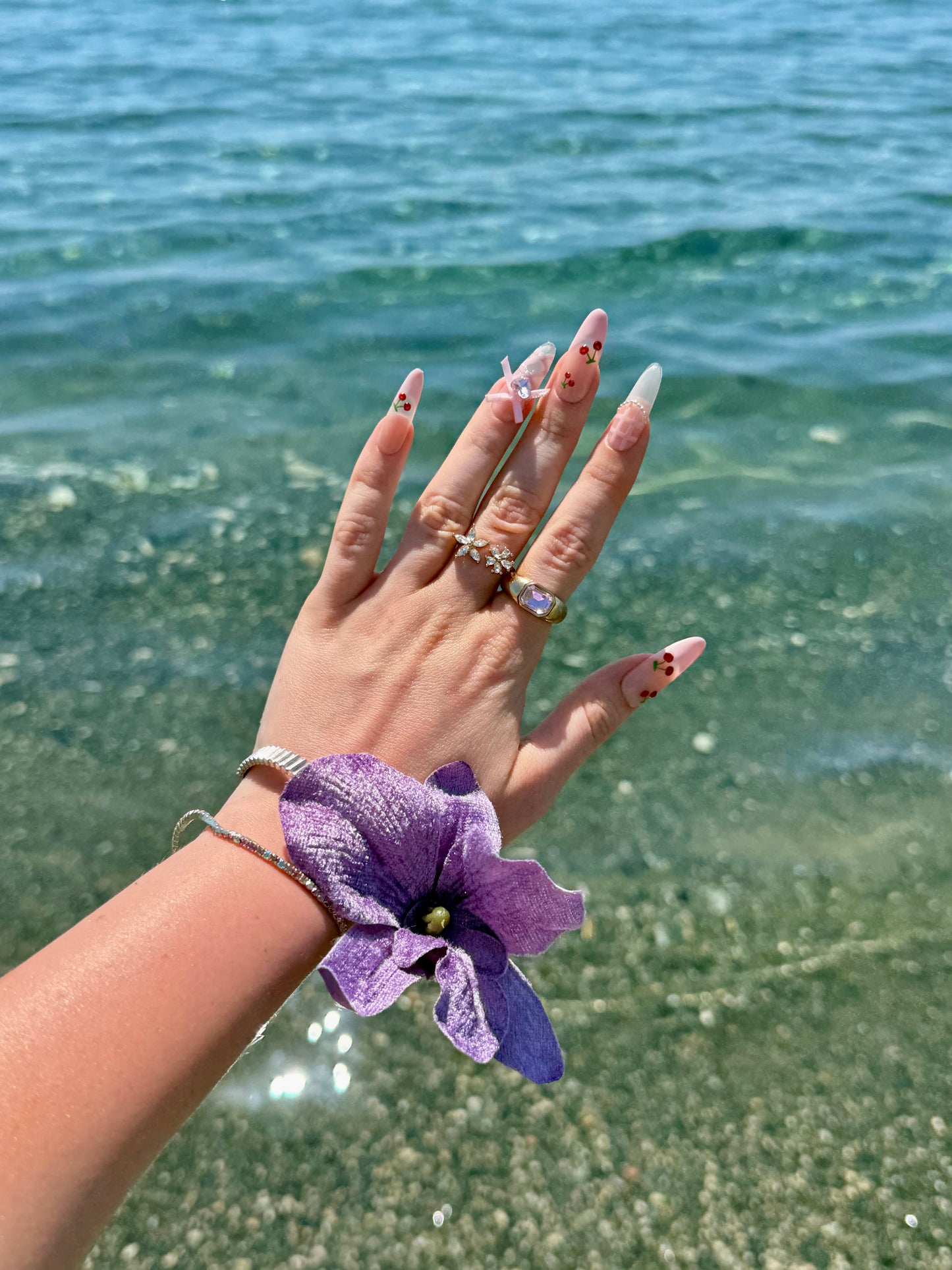 «СHERRY BLOSSOM BOWS»- 3D Hand-Painted Cherry and Pink Bow Press-On Nails with Gingham Check Decor, Sweet & Playful Design