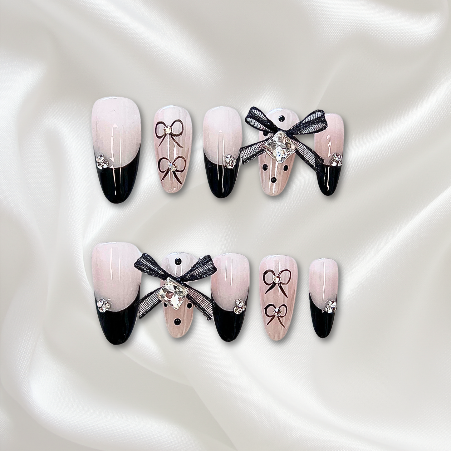 «MIDNIGHT BOW FRENCH»– Black French Press-On Nails with 3D Bow Accents, Elegant & Chic Nail Design