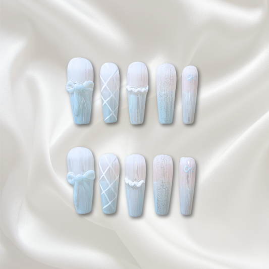 «COQUETTE BLUE BOWS»– Light Blue Ombre Press-On Nails with 3D Satin Bows & Criss-Cross Lace Detail, Soft Aesthetic Nail Design, Baby Blue Nails