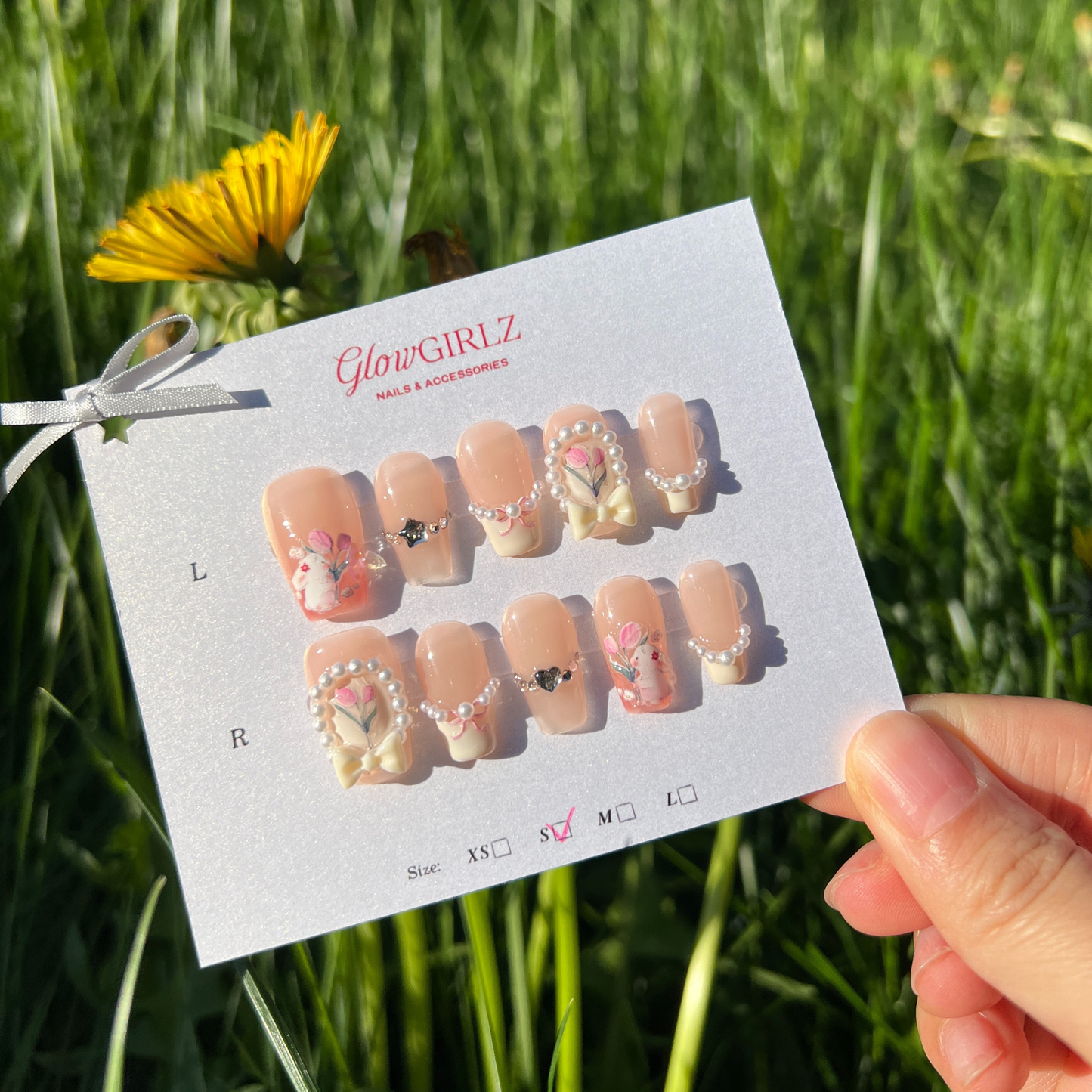 «PEACHY BUNNY PEARLS NAILS»– Pink Ombre Press-On Nails with Pearls, Bows & Cute Rabbit Art, Handmade Coquette Nail Set