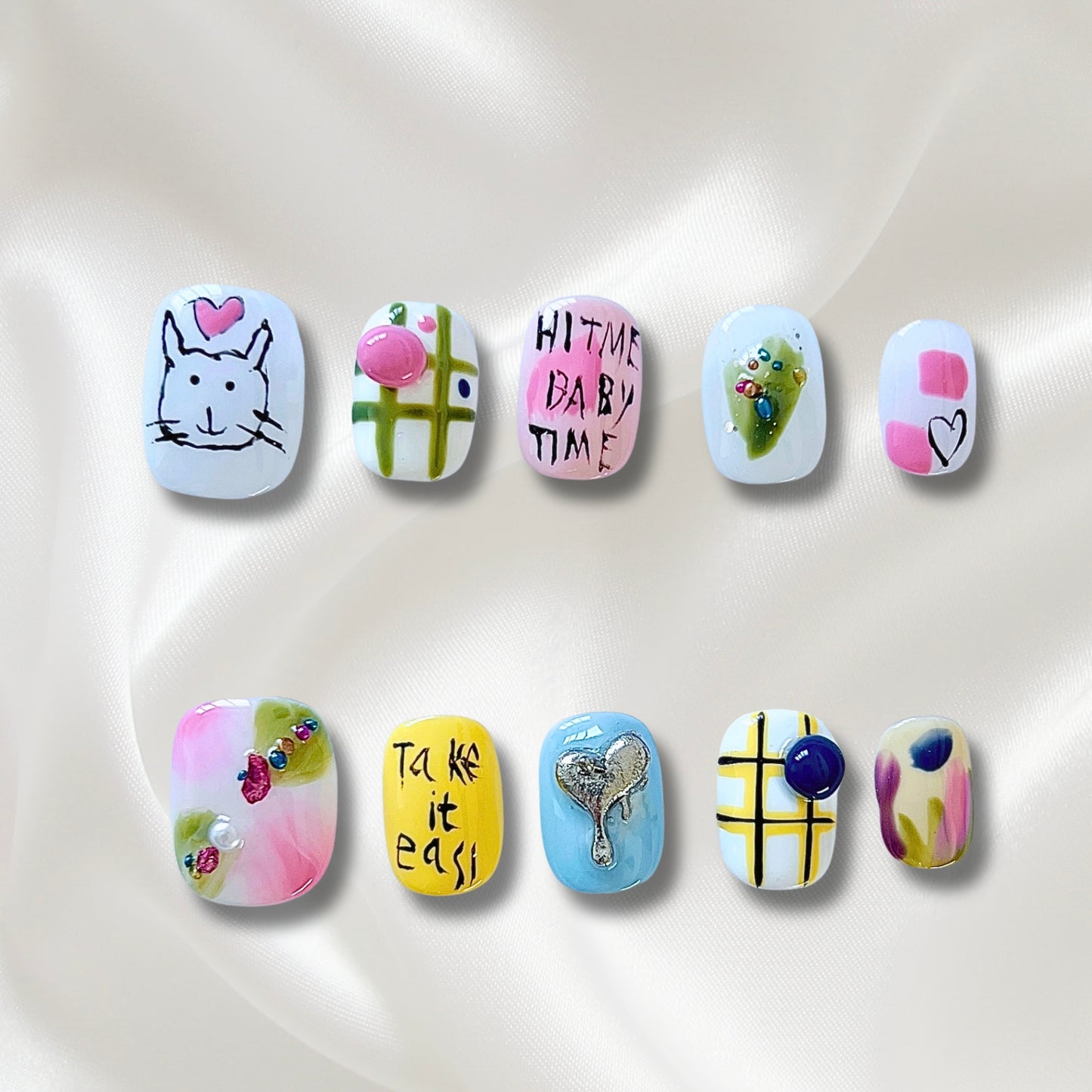 «PLAYFUL PURR & BALLOONS»- Hand-Painted Cat Design with Green, Yellow, Pink, Blue & Silver Balloon Accents, Cute & Playful Press-Ons