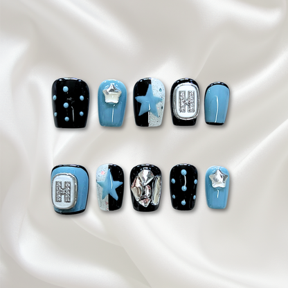 «COSMIC PUNK NAILS»– Black and Blue Press-On Nails with Stars, Chrome Accents & Rhinestone Details, Reusable Bold Nail Set