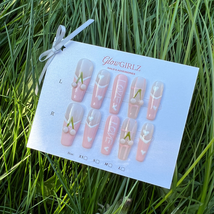 «CHERRY KISS FRENCH TIPS» – Pink French Press-On Nails with Cherries, Hearts & ‘LOVE’ Lettering, Cute Soft Girl Aesthetic, Reusable Handmade Nail Set