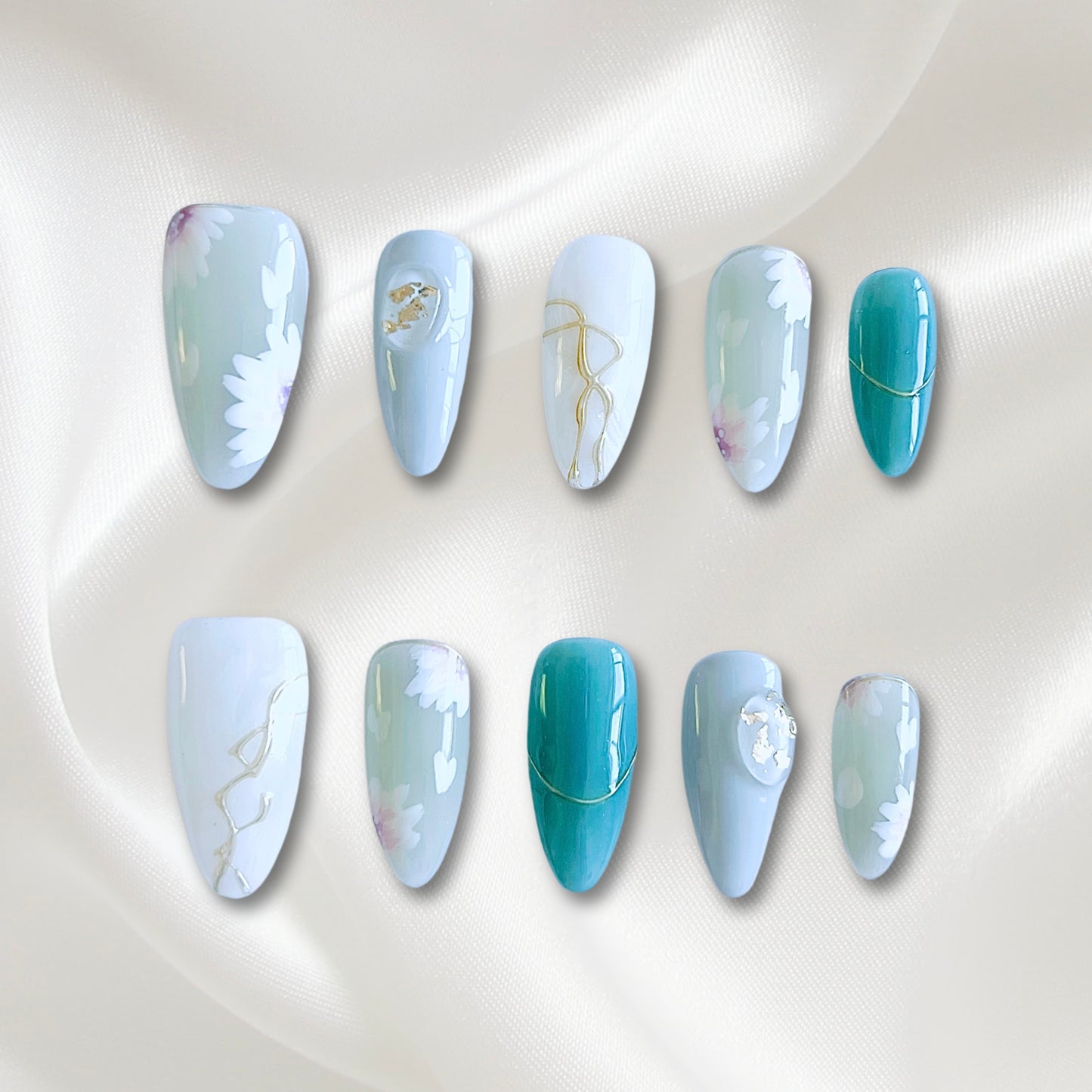 «MINT BLOOM NAILS»- Pastel Blue Green Press-On Nails with White Floral and Gold Line Accents