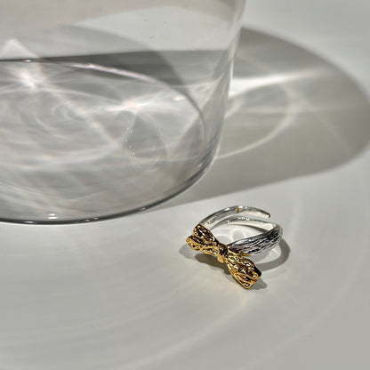 «GOLD BOW RING» — Adjustable Sterling Silver Band with Textured Gold Bow