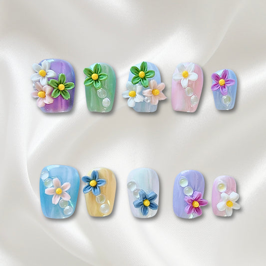 «FLORAL LASER BLOOM»- Holographic Press-On Nails with 3D Colorful Flowers, Sparkling artistic Design