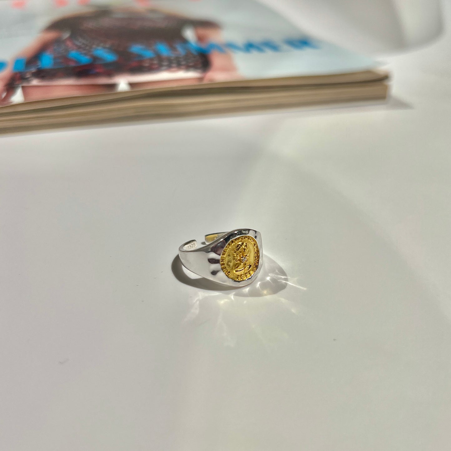 «ROMAN COIN RING» — Adjustable Sterling Silver Band with Gold Vintage Medallion