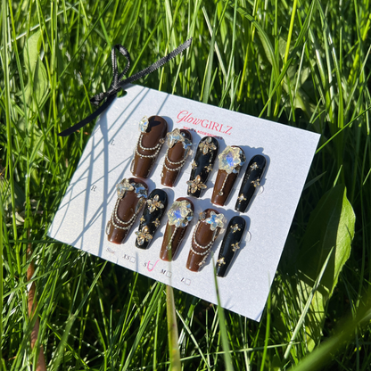 «MIDNIGHT MOCHA CRYSTALS» – Black & Brown Press-On Nails with Sparkling Crystal Accents, Sexy & Glamorous Design