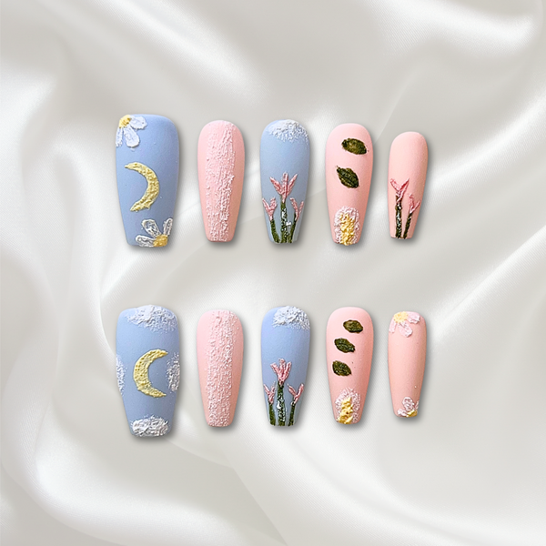 «LUNAR BLOSSOM DREAMS TIPS»– Blue & Pink Press-On Nails with Crescent Moon, Clouds & Floral Texture, Handmade Cottagecore Nail Set