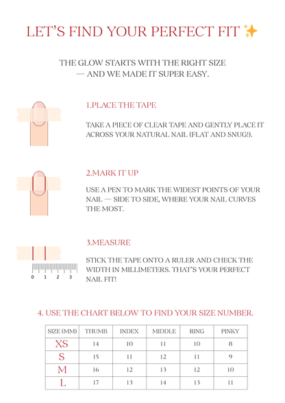An image featuring a nail size guide with steps on how to measure the nail for a press-on fit, including a chart with different nail sizes.