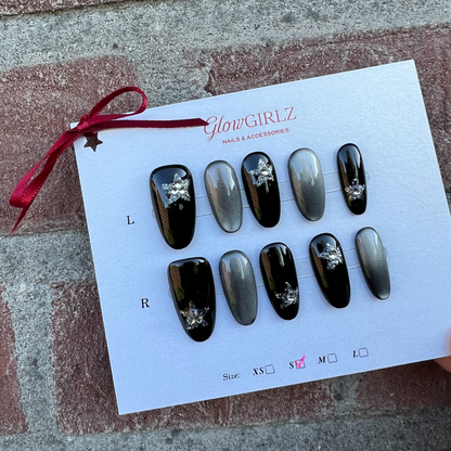 «OBSIDIAN MIST NAILS»– Black & Silver Cat Eye Press-On Nails with Glitter Star Accents, Reusable Glam Nail Set