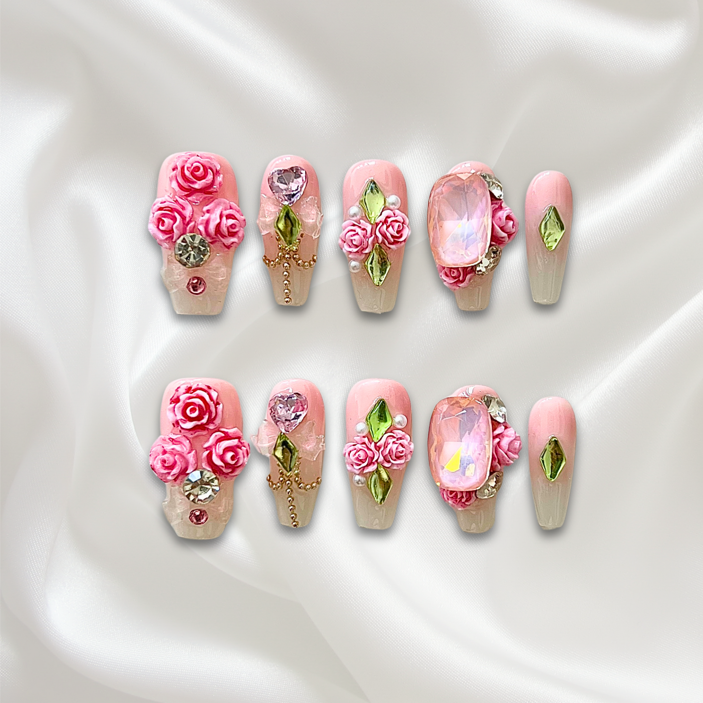 «ROSY BLOOM NAILS»– 3D Pink Rose Press-On Nails, Romantic Floral Design for Dates, 3D Pink Rose Press-On Nails with Crystals & Gems, Romantic Floral Statement Nails