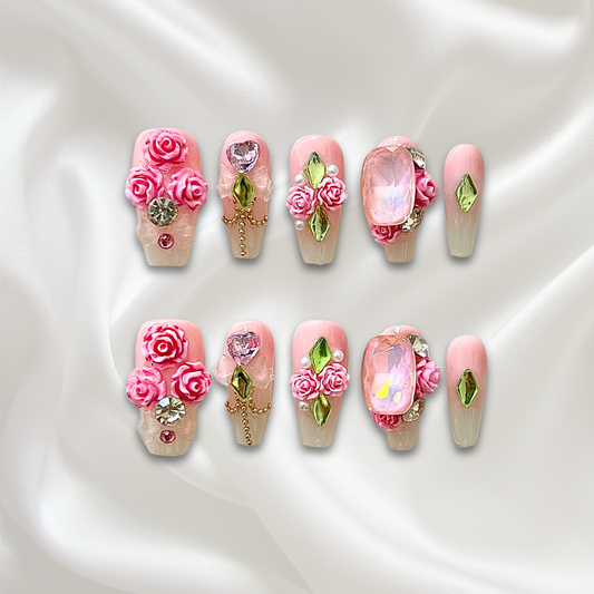 «ROSY BLOOM NAILS»– 3D Pink Rose Press-On Nails, Romantic Floral Design for Dates, 3D Pink Rose Press-On Nails with Crystals & Gems, Romantic Floral Statement Nails