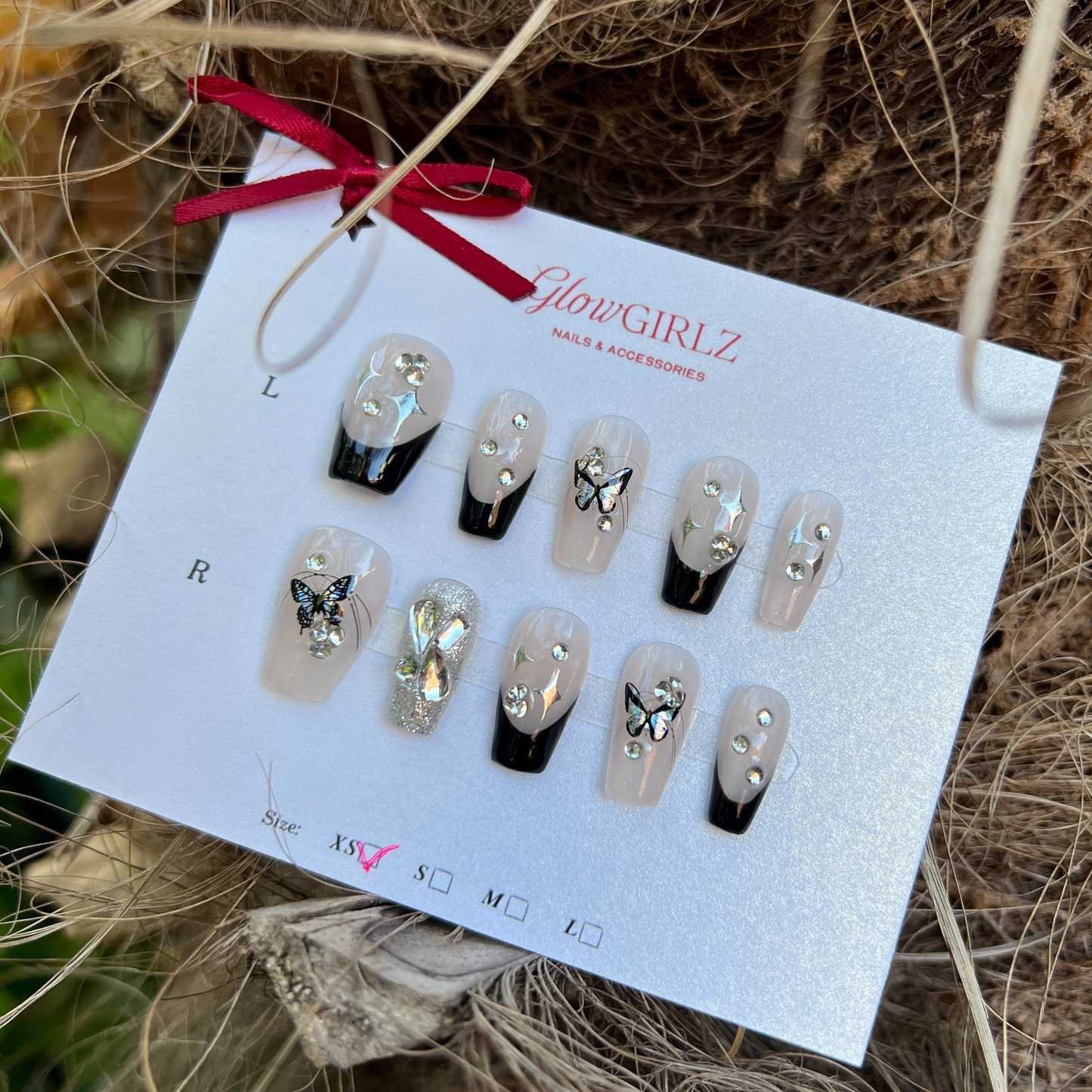 «CRYSTAL NOIR TIPS»– Black & White French Press-On Nails with Butterflies, Rhinestones & Glitter Stars, Elegant Reusable Nail Set