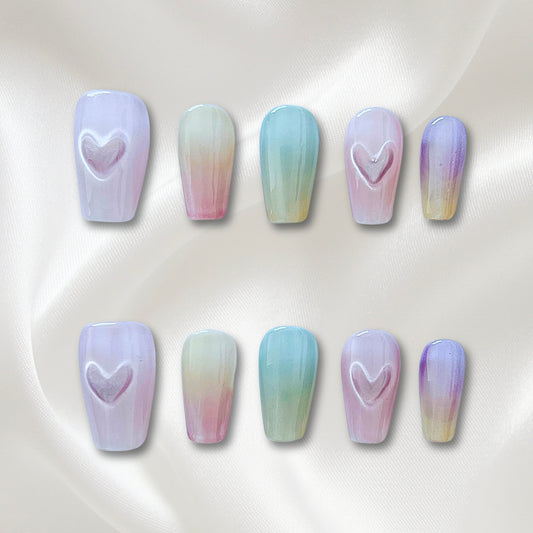 «HEART GLOW SWIRL»- Colorful Press-On Nails with Heart-Shaped Cat Eye Shine, Dreamy Pastel Design, Pastel Rainbow Nails, Ombré Nails