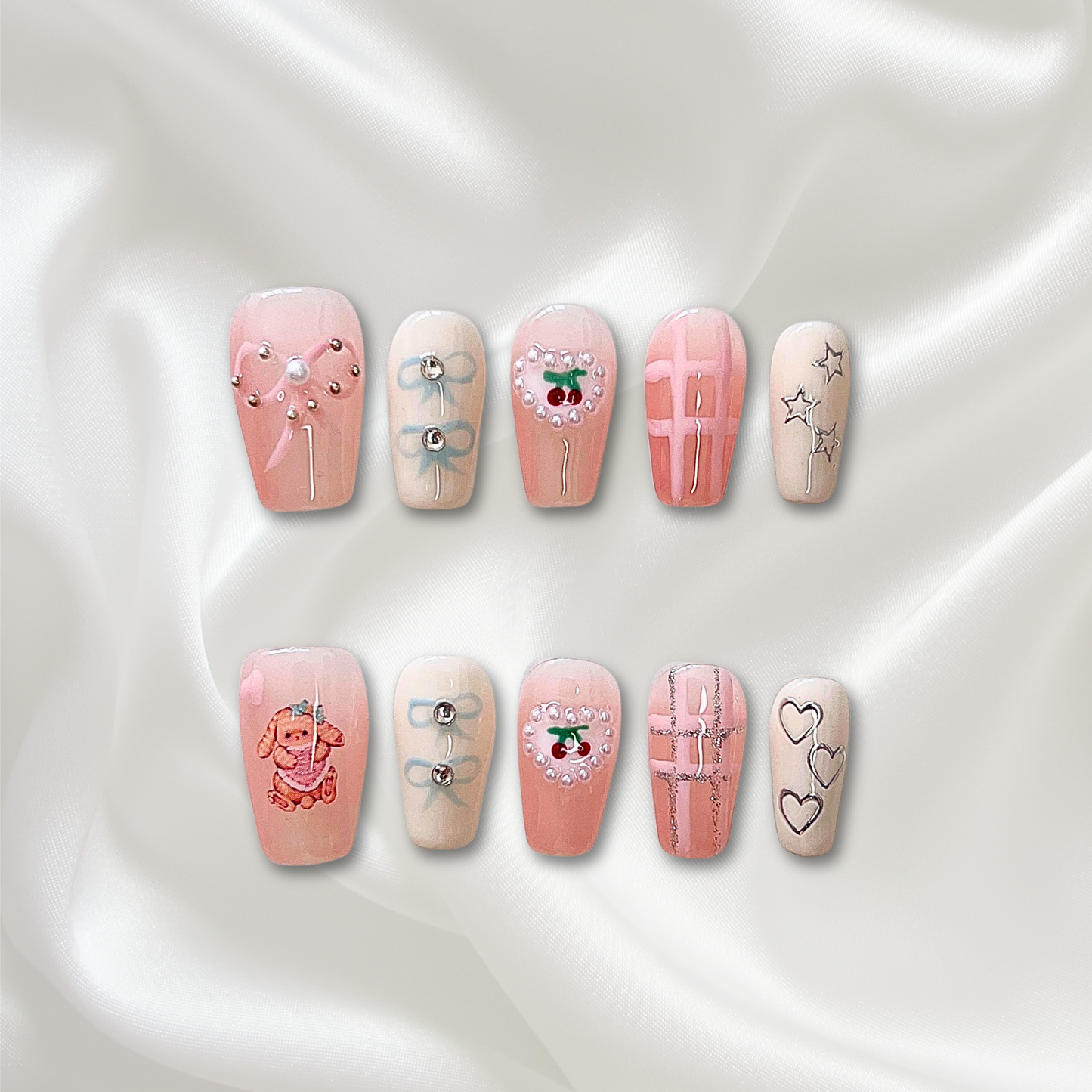 «PEARL RIBBON DREAM NAILS»– Pink & White Press-On Nails with 3D Pearls, Cherries & Heart Details, Handmade Kawaii Y2K Nail Set