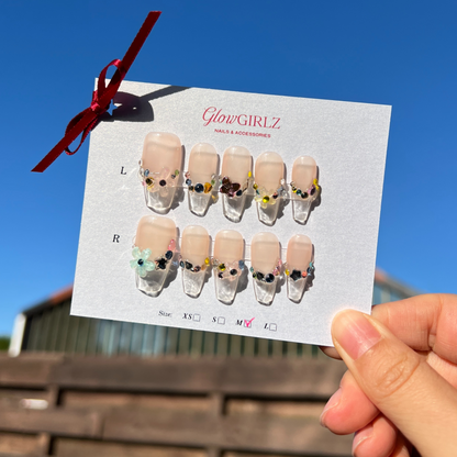 «BARE BLOSSOM CRYSTALS»- Soft Nude Floral Press-On Nails with Clear Tips & Rhinestone Accents, Spring Summer Aesthetic