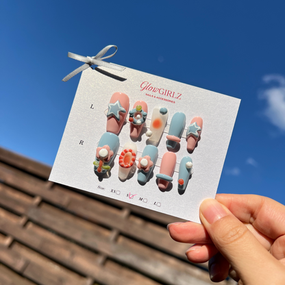 «CANDY STAR BLOOM»– 3D Pink & Blue Press-On Nails with Stars, Flowers & Bubble Accents, Handmade Y2K Kawaii Nail Set