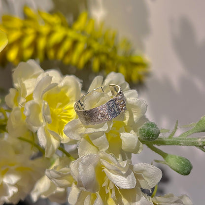 «LUNAR PEARL TEXTURE RING»- Sterling Silver Textured Band Ring with Mini Pearl Accents