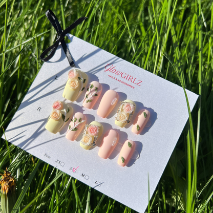 «ROSE BLUSH DREAMS»- Pink & Yellow Press-On Nails with 3D Rose Flower Design, Romantic Floral Nails, Summer Nails