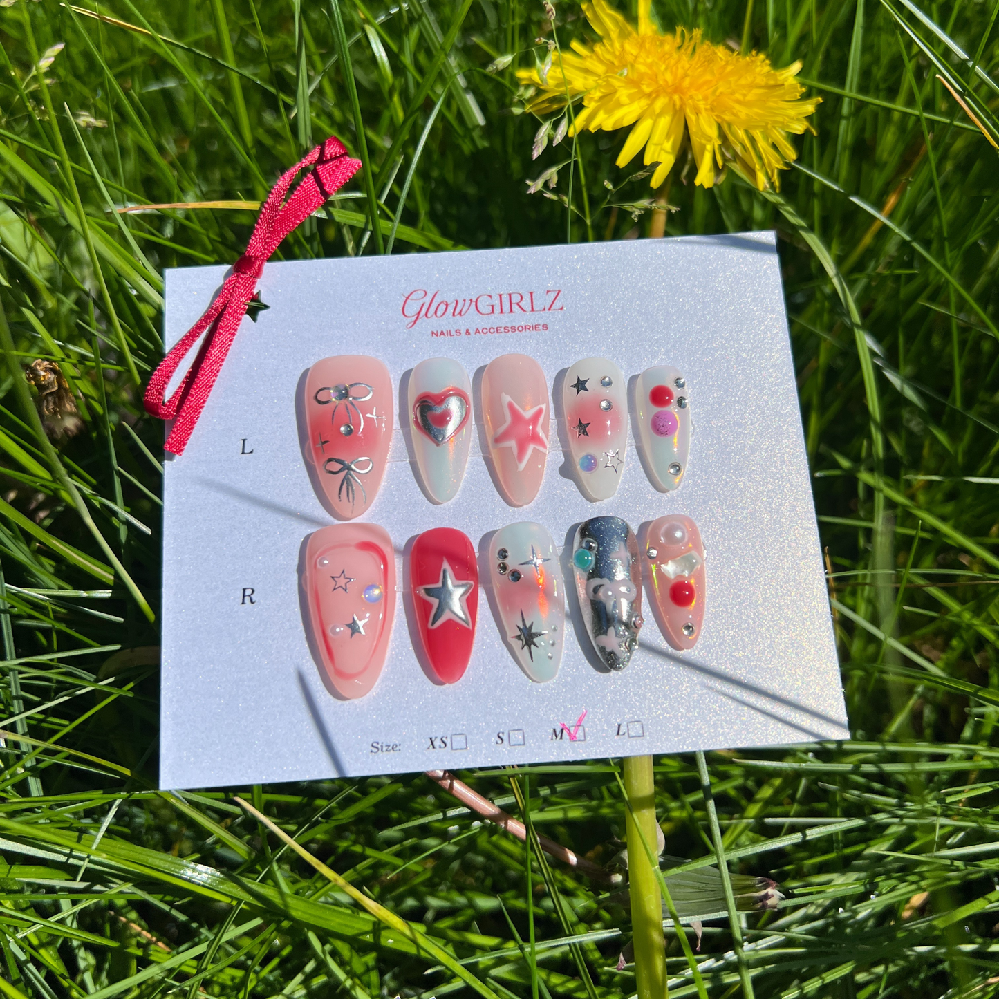 «SWEET GALAXY NAILS» – Pink Gradient Press-On Nails with Stars, Bows & 3D Hearts, Y2K Kawaii Aesthetic, Handmade & Reusable