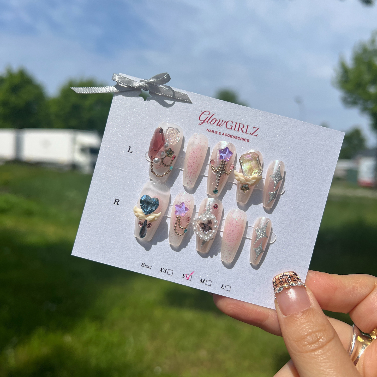 «CRYSTAL ORBIT NAILS»- Press-On Nails with Rhinestones, Pearls, Multicolour Crystals & Silver Stars, Designer Galaxy Tips