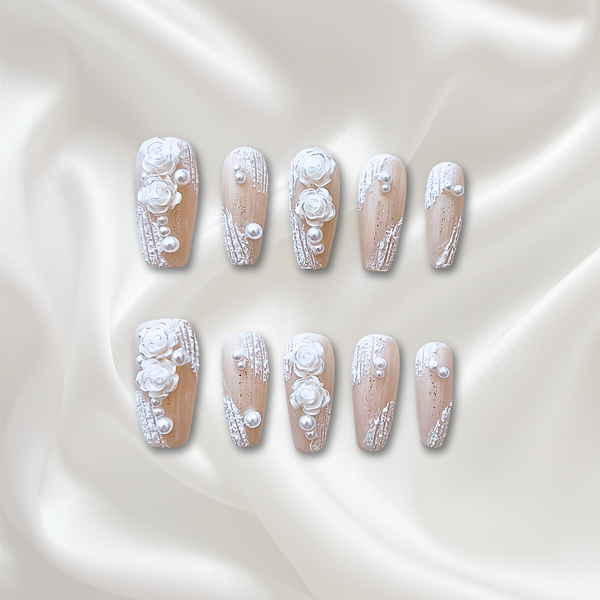 «NUDE ROSE ELEGANCE»– Nude Press-On Nails with 3D White Roses & Pearls, Soft Glam Romantic Nail Set for Every Occasion, Wedding & Romantic Nail Design