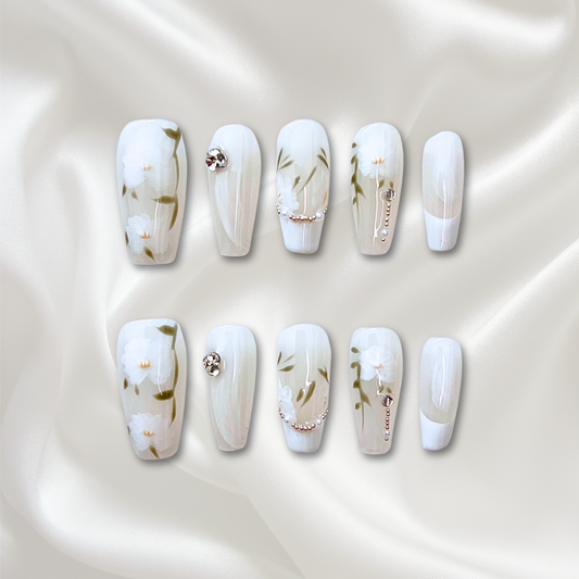 «WHISPERING GARDEN TIPS»– White Press-On Nails with Hand-Painted Floral Details & Crystal Accents, Minimalist Botanical Nail Design, French Press-On Nails with White Floral Accents, Elegant & Sophisticated Nail Design