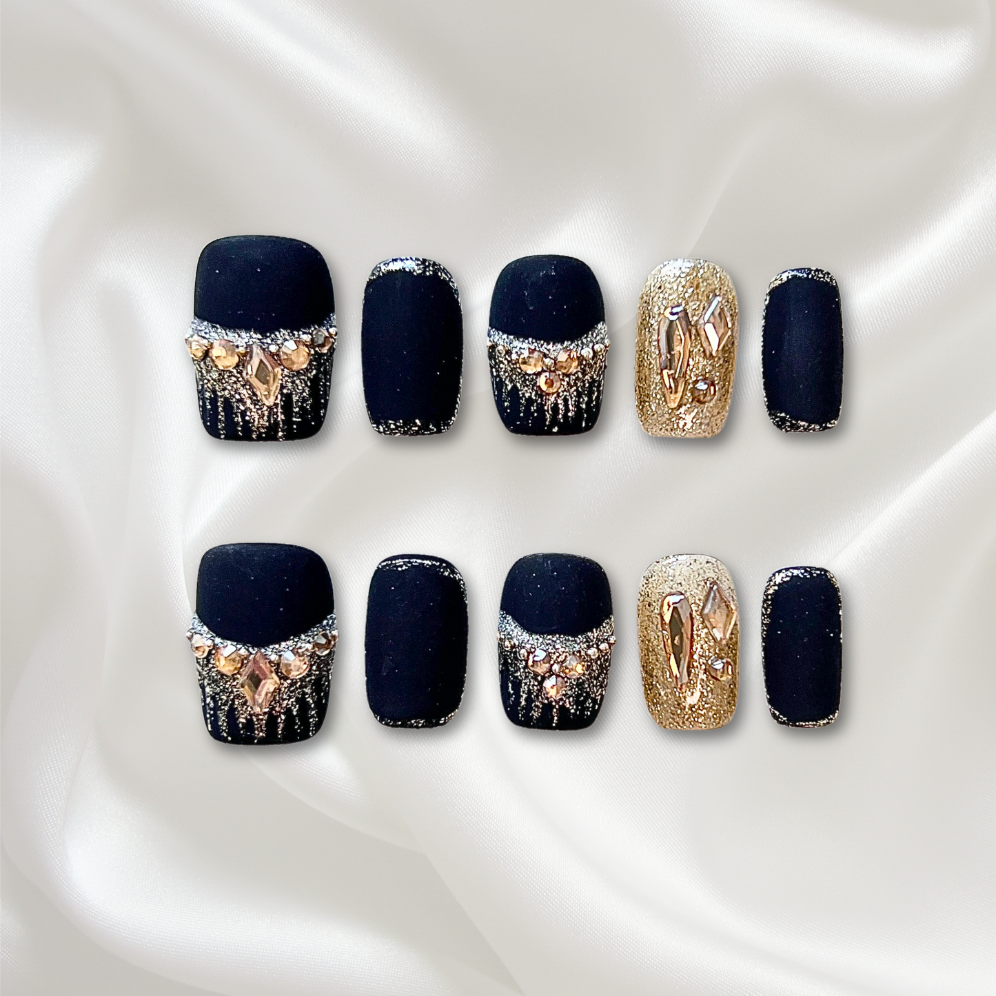 «MIDNIGHT SPARK MATTE»– Matte Black Press-On Nails with Silver Glitter Accents, Elegant & Unique Nail Design, Matte Black Glitter Press-On Nails, Elegant Reusable Fake Nails for Night Out & Glam Looks