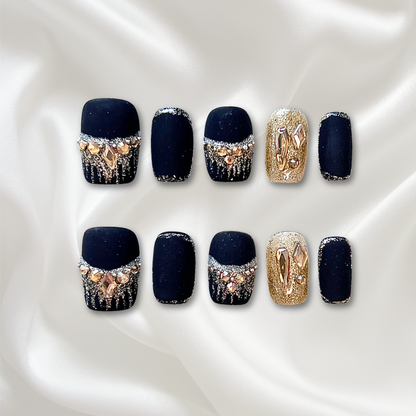 «MIDNIGHT SPARK MATTE»– Matte Black Press-On Nails with Silver Glitter Accents, Elegant & Unique Nail Design, Matte Black Glitter Press-On Nails, Elegant Reusable Fake Nails for Night Out & Glam Looks