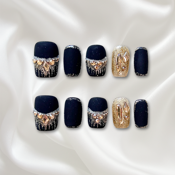 «MIDNIGHT SPARK MATTE»– Matte Black Press-On Nails with Silver Glitter Accents, Elegant & Unique Nail Design, Matte Black Glitter Press-On Nails, Elegant Reusable Fake Nails for Night Out & Glam Looks