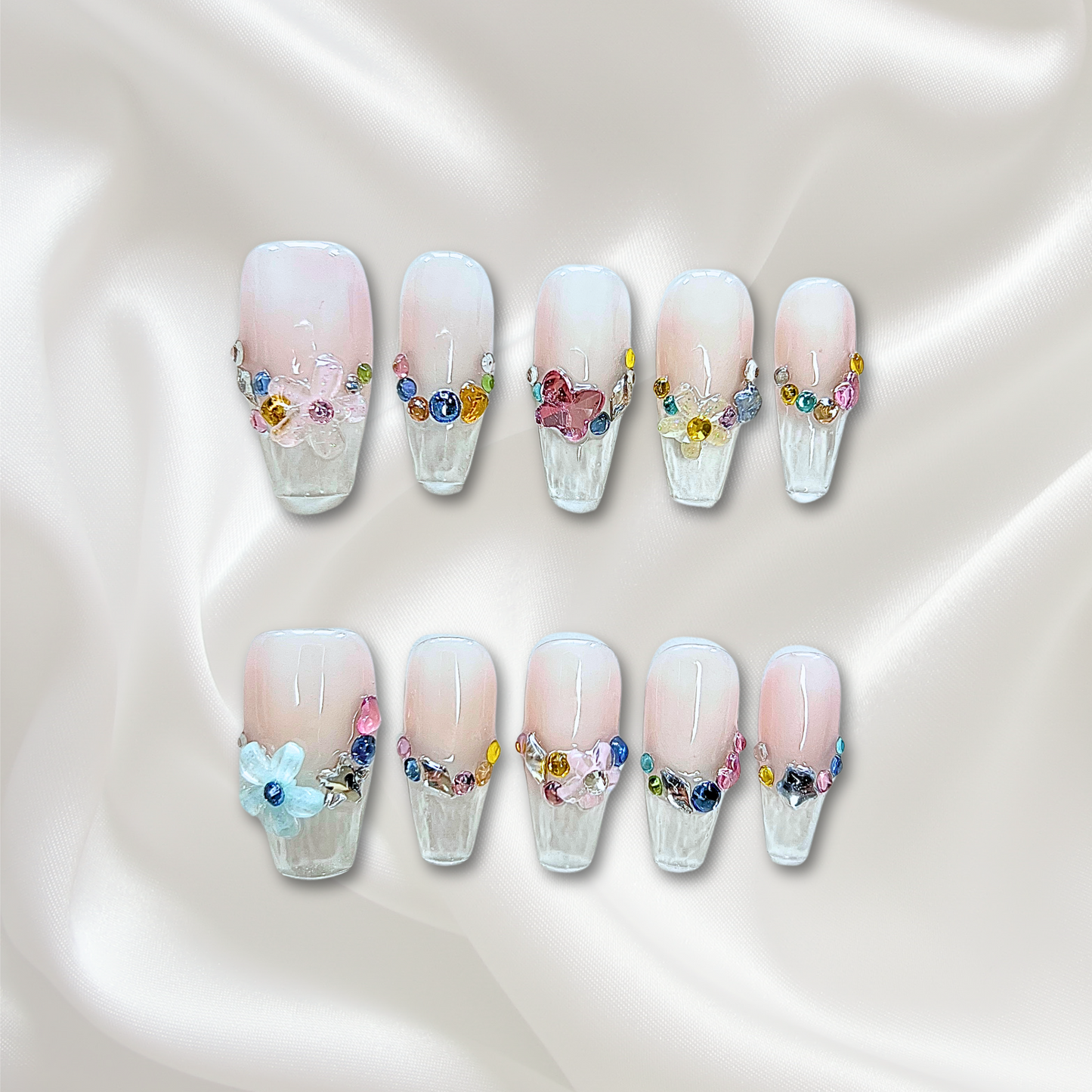 «BARE BLOSSOM CRYSTALS»- Soft Nude Floral Press-On Nails with Clear Tips & Rhinestone Accents, Spring Summer Aesthetic
