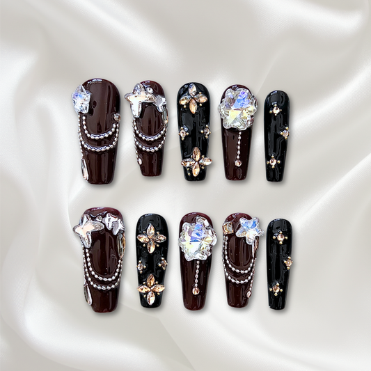 «MIDNIGHT MOCHA CRYSTALS» – Black & Brown Press-On Nails with Sparkling Crystal Accents, Sexy & Glamorous Design