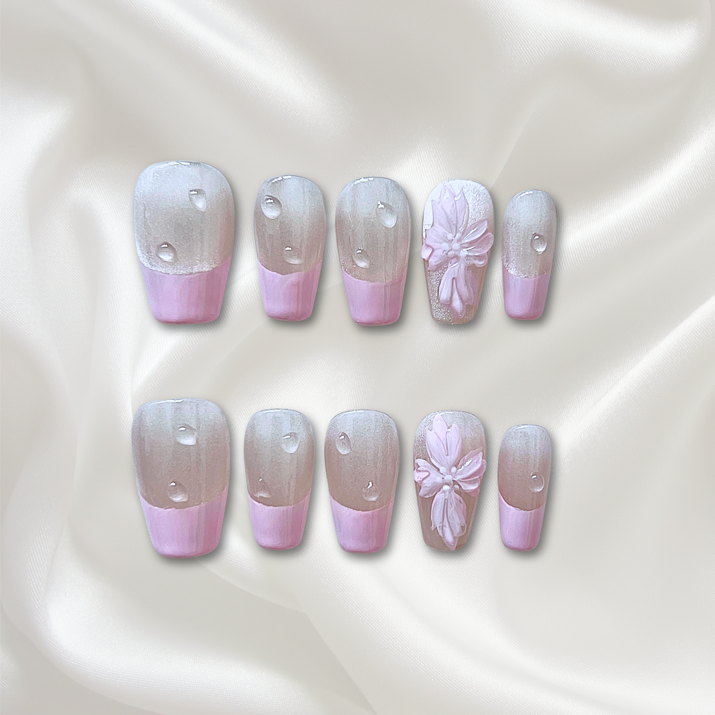 «LAVENDER DREAM FRENCH»- Purple French Tip Press-On Nails with White Cat Eye Base & 3D Floral Accents, Elegant & Dreamy Nail Design