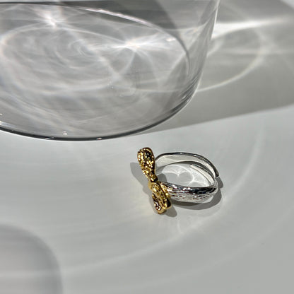 «GOLD BOW RING» — Adjustable Sterling Silver Band with Textured Gold Bow