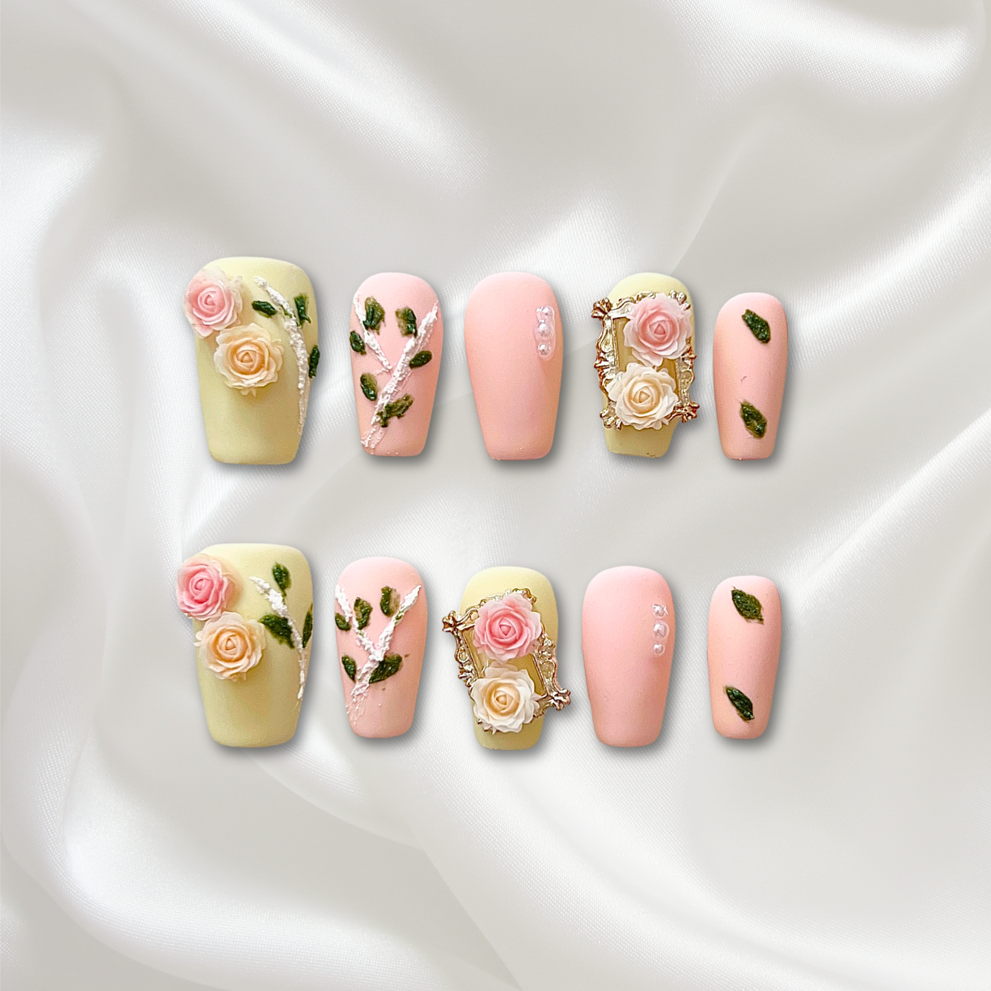 «ROSE BLUSH DREAMS»- Pink & Yellow Press-On Nails with 3D Rose Flower Design, Romantic Floral Nails, Summer Nails
