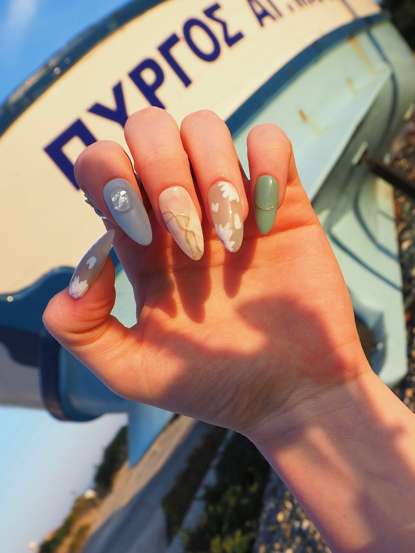 «MINT BLOOM NAILS»- Pastel Blue Green Press-On Nails with White Floral and Gold Line Accents