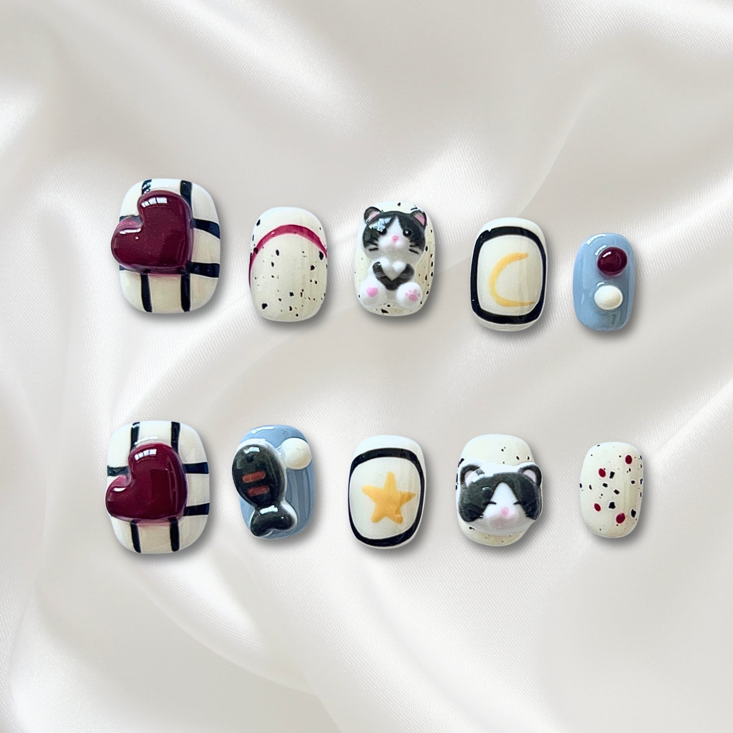 «PURRFECT LOVE HEARTS»- 3D Cute Cat Press-On Nails with Red Heart Accents, Sweet & Playful Design