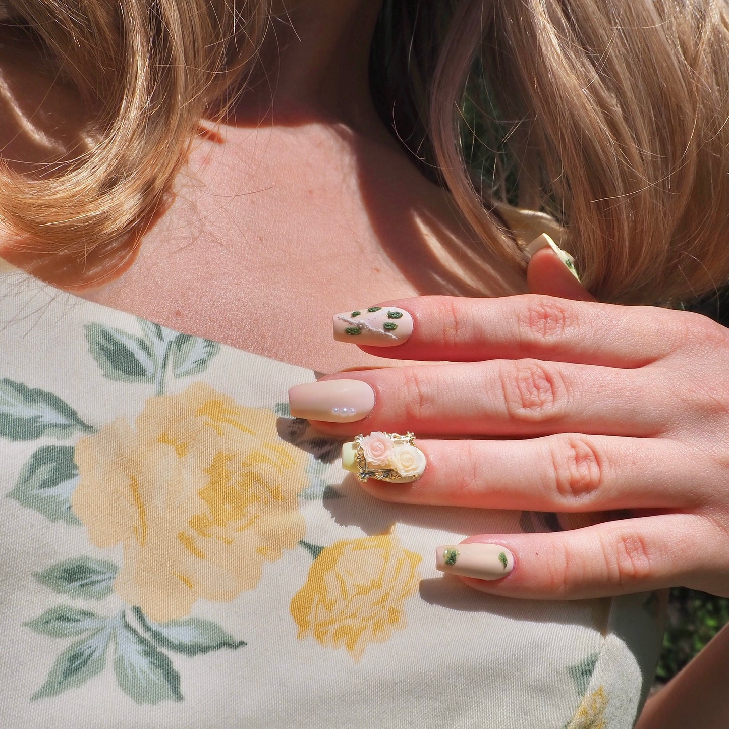 «ROSE BLUSH DREAMS»- Pink & Yellow Press-On Nails with 3D Rose Flower Design, Romantic Floral Nails, Summer Nails