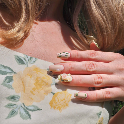«ROSE BLUSH DREAMS»- Pink & Yellow Press-On Nails with 3D Rose Flower Design, Romantic Floral Nails, Summer Nails