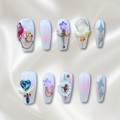 «CRYSTAL ORBIT NAILS»- Press-On Nails with Rhinestones, Pearls, Multicolour Crystals & Silver Stars, Designer Galaxy Tips