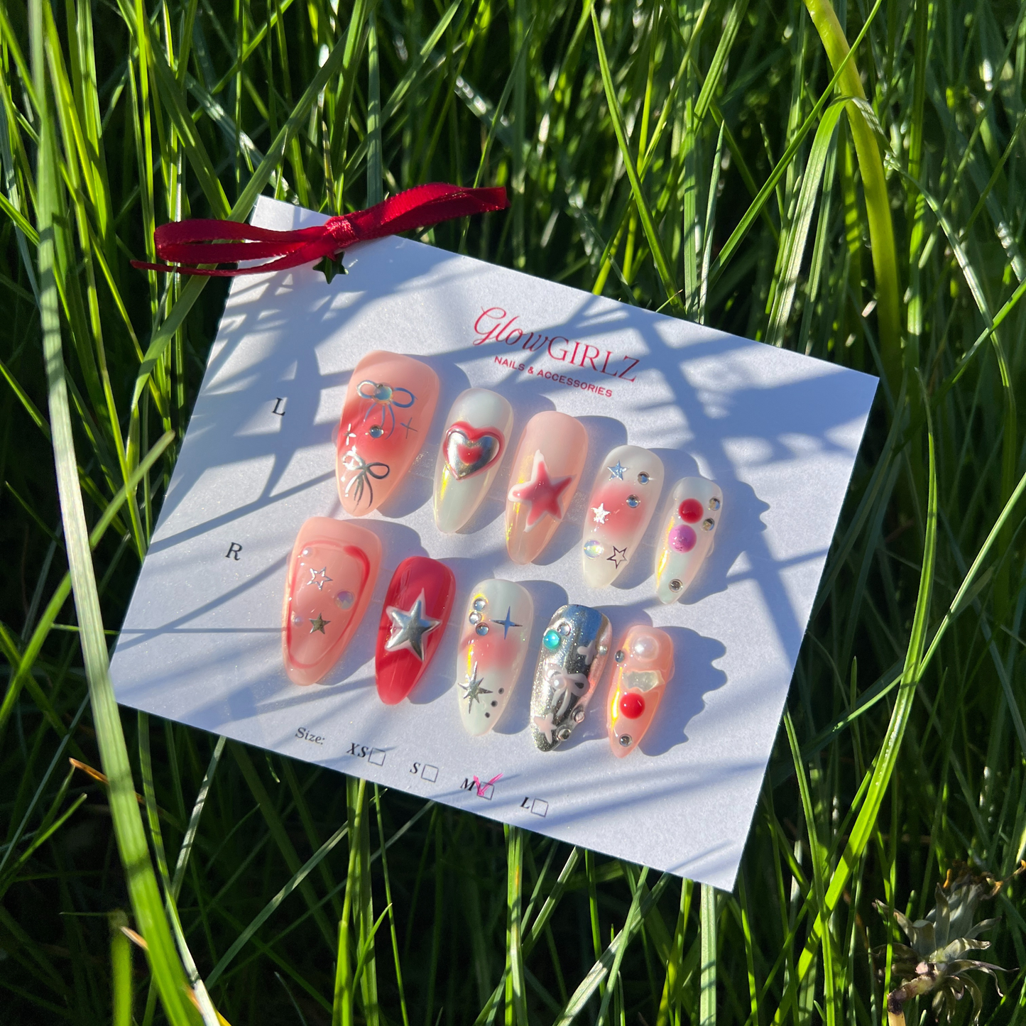 «SWEET GALAXY NAILS» – Pink Gradient Press-On Nails with Stars, Bows & 3D Hearts, Y2K Kawaii Aesthetic, Handmade & Reusable