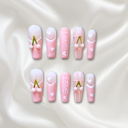 «CHERRY KISS FRENCH TIPS» – Pink French Press-On Nails with Cherries, Hearts & ‘LOVE’ Lettering, Cute Soft Girl Aesthetic, Reusable Handmade Nail Set